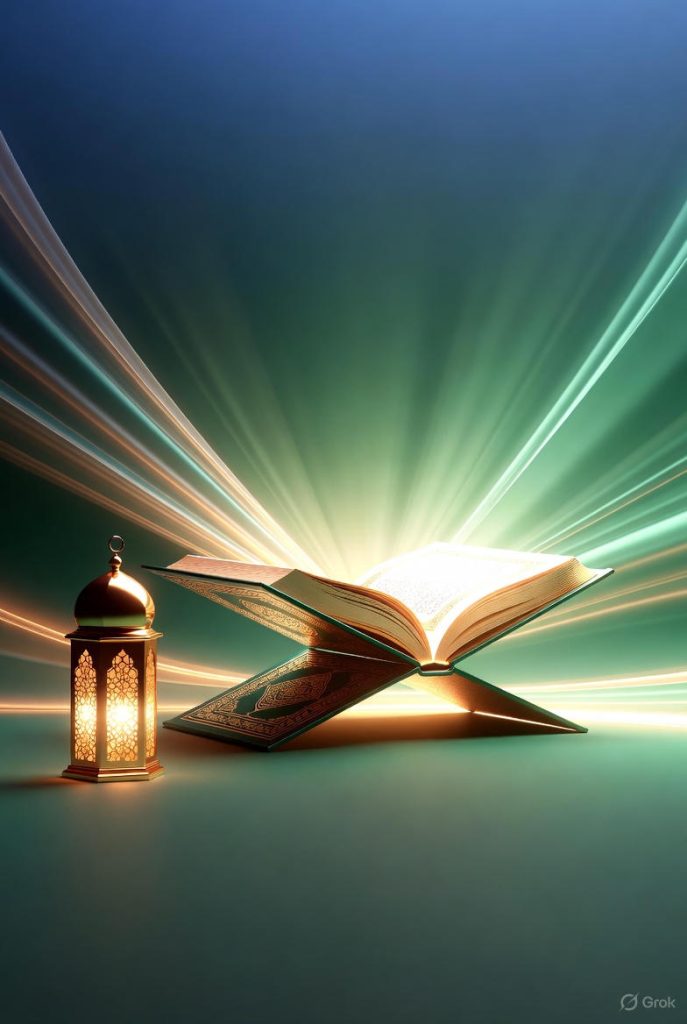 An open Quran resting on a wooden book stand (Rahl), radiating bright beams of light against a deep blue and green background with a lit golden Islamic lantern sitting alongside it.Noori Quran Academy